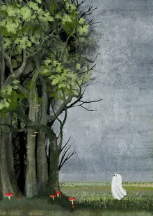 Wall art by Katherine Blower: Cute ghost in a forest scene with mushrooms and autumn vibes