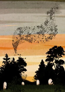 Illustration by Katherine Blower: silhouettes of birds at dusk