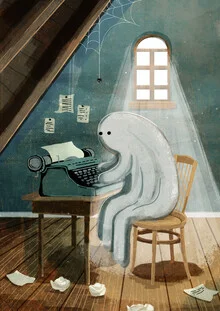 Illustration by Katherine Blower: ghost in a spooky attic with a typewriter.