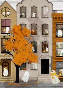 Illustration by Katherine Blower: cute ghosts in an autumn town