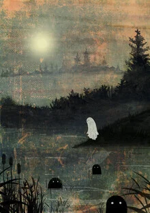 Illustration by Katherine Blower: cute ghost in a vintage landscape
