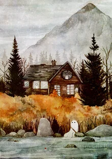Illustration by Katherine Blower: cute ghosts in an autumn landscape