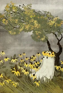 Illustration by Katherine Blower: Spooky ghost among yellow rudbeckia in a garden