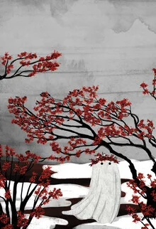 Illustration by Katherine Blower: a ghostly figure among snow-covered trees.