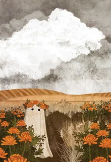 Wall art by Katherine Blower: eerie chrysanthemum with a ghost in an autumn field