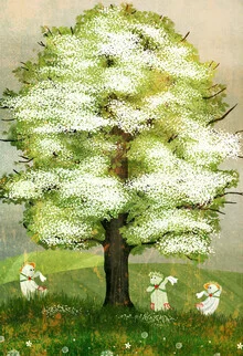 Wall art by Katherine Blower: dancing ghosts at Beltane under a tree