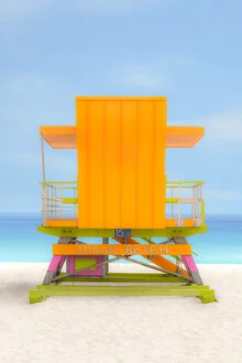 Colorful photo art of a beach in Miami Beach featuring a lifeguard.