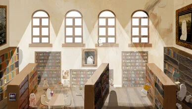 Illustration of a spooky library with a friendly atmosphere