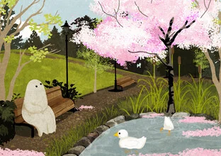 Illustration by Katherine Blower: ducks at a pond in spring, surrounded by blooming plants.