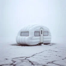 Fotokunst von David Foster Nass: ein minimalistisches, winterliches Wohnwagen-Szenario