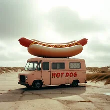 Fotokunst von David Foster Nass: ein lustiger Hot Dog in minimalistischer Gestaltung