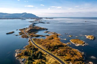 Photo art by Achim Thomae: picturesque drone view of the Atlantic Ocean Road in Norway
