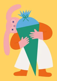Illustration von Susann Stefanizen: fröhliches Häschen mit Schultüte und Brille