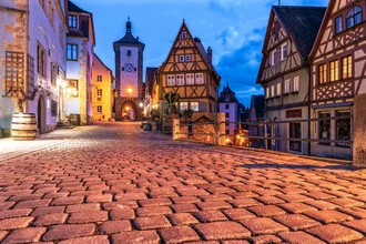 Photo art by Achim Thomae: illuminated half-timbered houses in Rothenburg at dusk