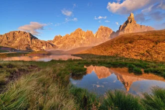 Photo art by Achim Thomae: golden hour over the Dolomites with a tranquil lake