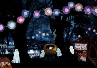 Wall art by Katherine Blower: spooky night market scene with ghosts and cute details