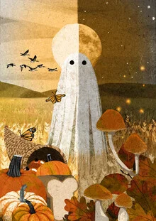 Illustration by Katherine Blower: cute ghost in autumn with pumpkin and mushrooms.