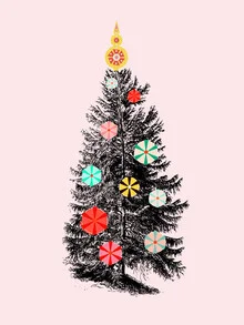 Wall art of a retro Christmas tree illustration with colorful candy ornaments.