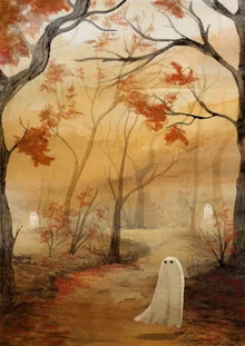 Wall art by Katherine Blower: cute ghost in a misty forest, autumn mood.