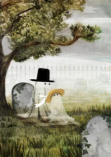 Wall art by Katherine Blower: a spooky, romantic scene in a graveyard