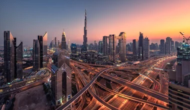 Photo art: panoramic view of the Dubai skyline at sunset