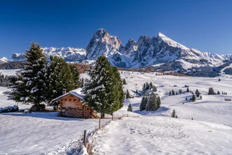 Photo art by Achim Thomae: autumn landscape with snow-covered mountains and larches