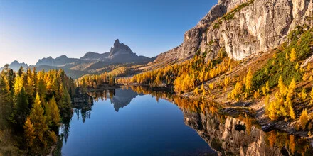 Photo art by Achim Thomae: autumn landscape in the Dolomites with lake and larches.
