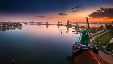 Photo art by Dennis Schmelz: windmills at sunset in the Netherlands