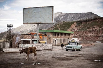 Photo art by Jeanette Dobrindt: vibrant street scene with cows and mountains