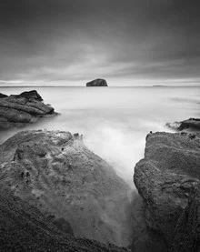 Photo art by Ronnie Baxter: tranquil coastal landscape with rocks and gentle waves