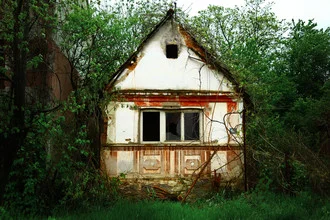Photo art: small uninhabited house in a forest area with red accents.