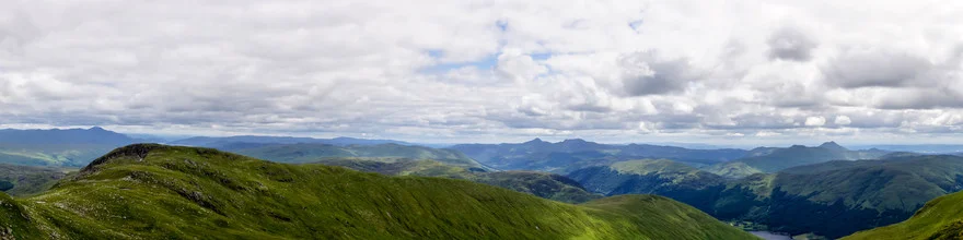 Photo art by Stefan Glatzel: gentle hills and clouds over Loch Doine in Scotland.