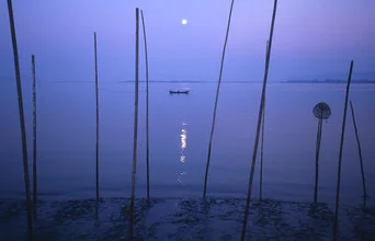 Photo art by Martin Seeliger: calm morning at Thanlyin River with traditional fishing boat