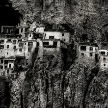 Photo art by Regis Boileau: monastery landscape in Zanskar Valley in black and white