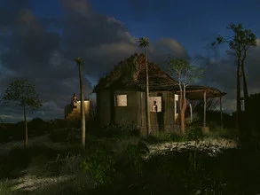 Photo art by Floriane De Lassee: couple by a cabin at night in Madagascar