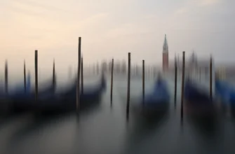 Photo art by Carsten Meyerdierks: blurred gondolas at sunrise over Venice