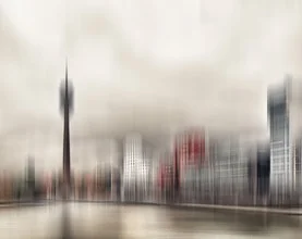 Photo art by Klaus-peter Kubik: dynamic skyline of Düsseldorf in motion.