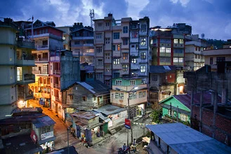Photo art by David Pinzer: atmospheric cityscape at dusk in Kalimpong
