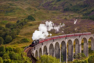 Photo art by Christoph Schoder: steam train crossing Glenfinnan bridge in green highlands.
