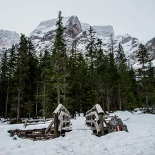 Photo art by Dennis F. Arnold: calm bridge in a snowy mountain landscape