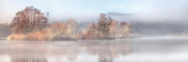 Photo art by Jake Playmo: tranquil landscape below a fortress in fog