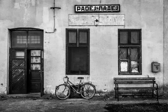 Photo art by Vladan Radivojac: Black-and-white shot of a train station facade