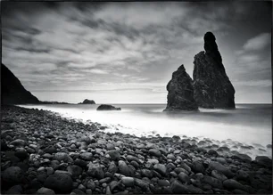 Photo art by Ronnie Baxter: rocks and waterfalls in black and white