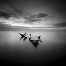 Photo art by Ronnie Baxter: a wreck in black and white on the beach at dusk