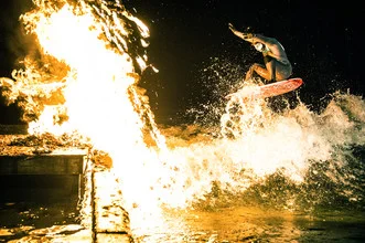 Photo art by Lars Jacobsen: Surfer riding the wave at the Eisbach in Munich.