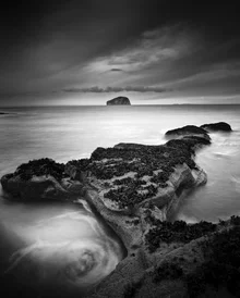 Photo art by Ronnie Baxter: rocks and waterfalls in black and white