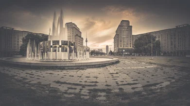 Panorama photo of Strausberger Platz in Berlin at sunset