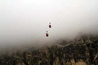 Photo art by Jens Berger: cable car over majestic mountains in the Dolomites