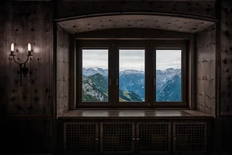 Photo art by Michael Schaidler: view through a window of mountains and nature.