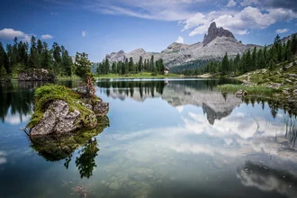 Photo art by Markus Van Hauten: tranquil water scene reflecting the Dolomites.